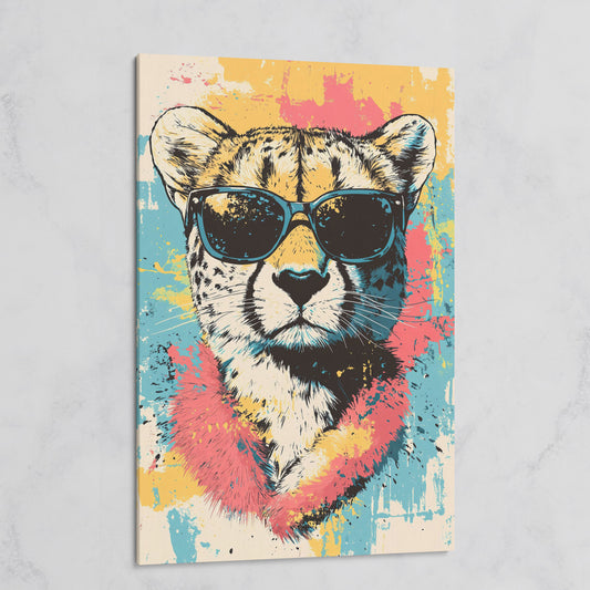 Stylish Cheetah with Sunglasses and Pastel Splatter Canvas on gallery wrap