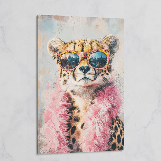 Cheetah in Sunglasses with Pink Feather Boa Canvas Art on gallery wrap