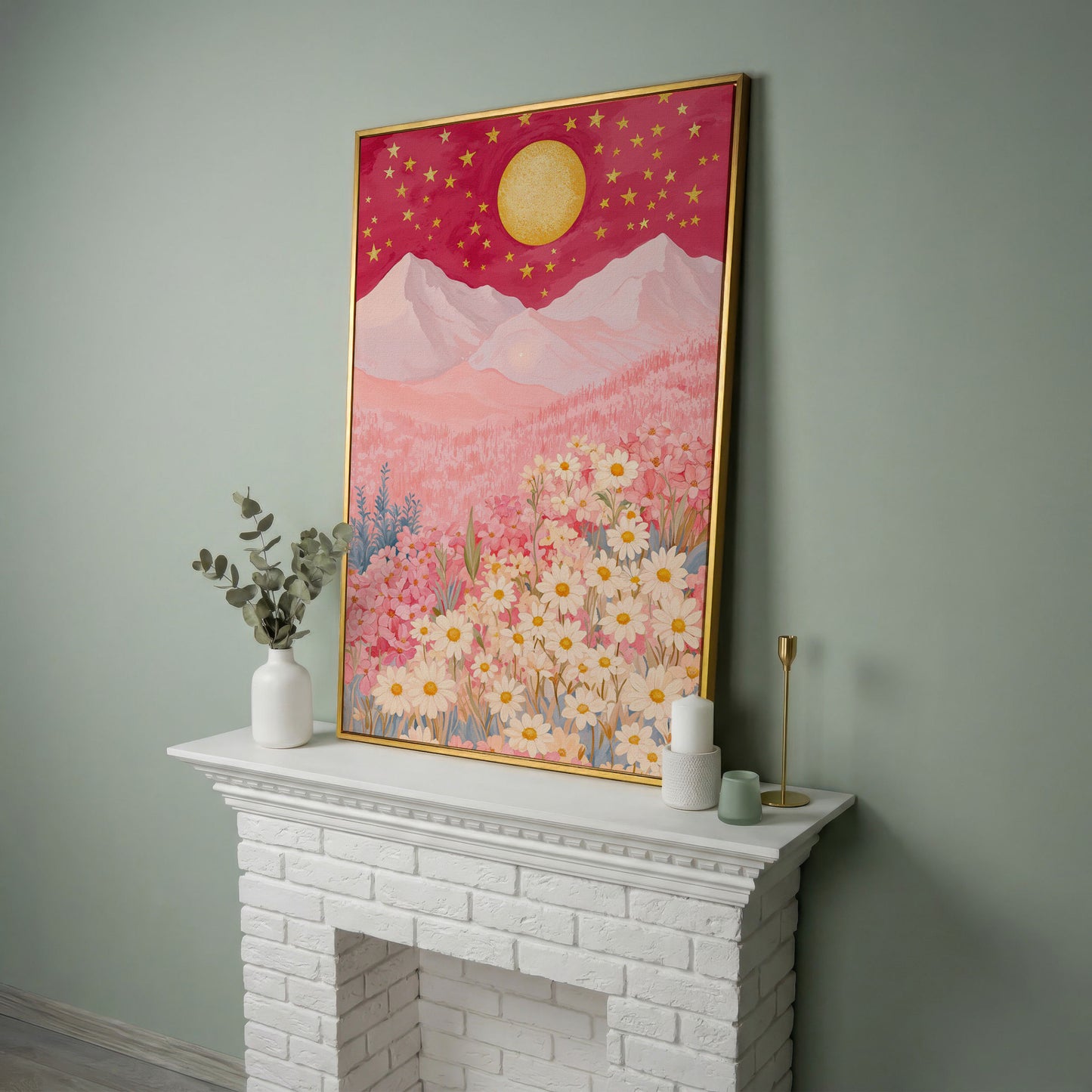 Pink Mountain Starry Night Canvas in yellow gold floating frame