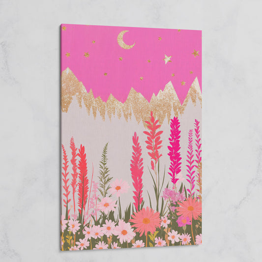 Pink Floral Landscape with Gold Moon Canvas on gallery wrap