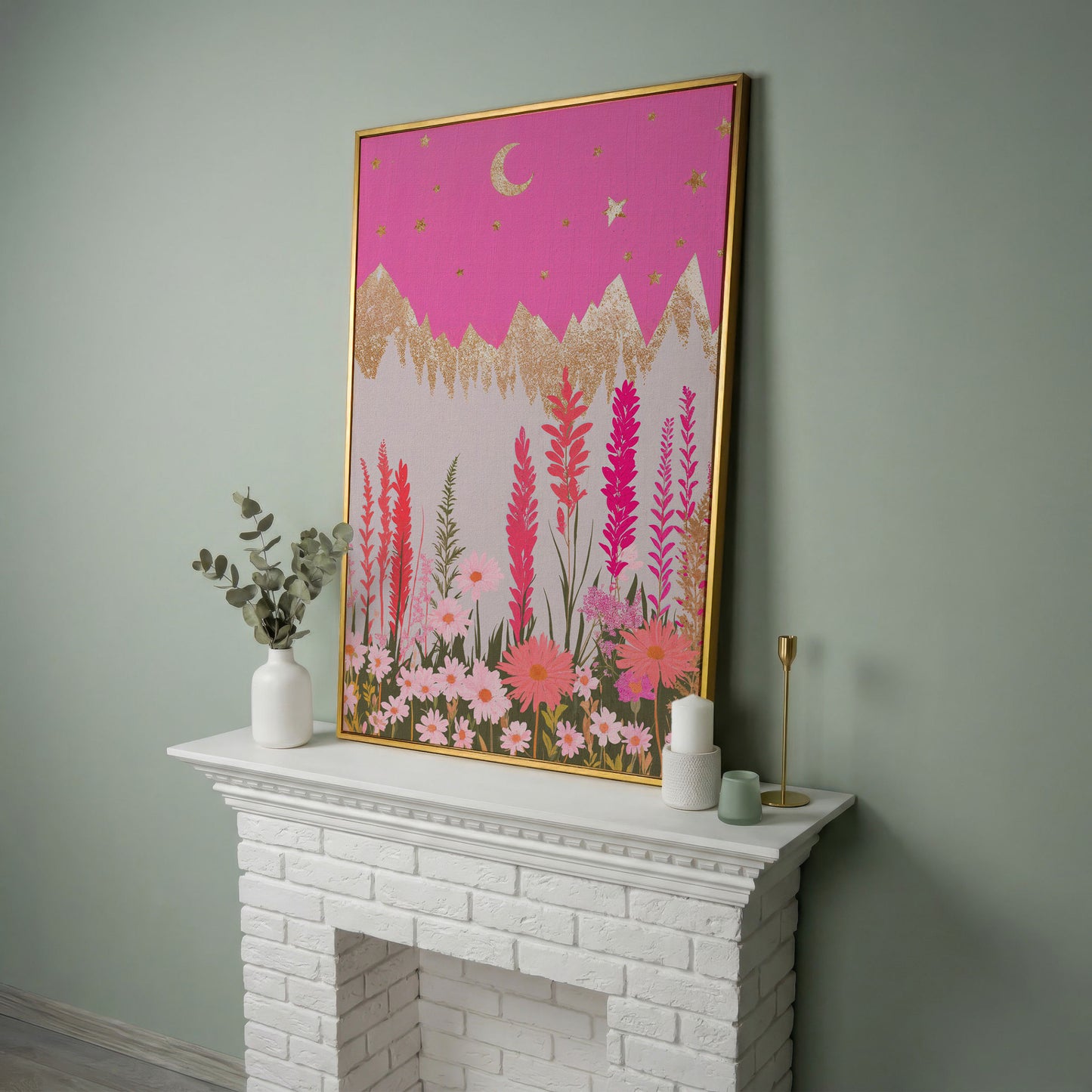 Pink Floral Landscape with Gold Moon Canvas in yellow gold floating frame