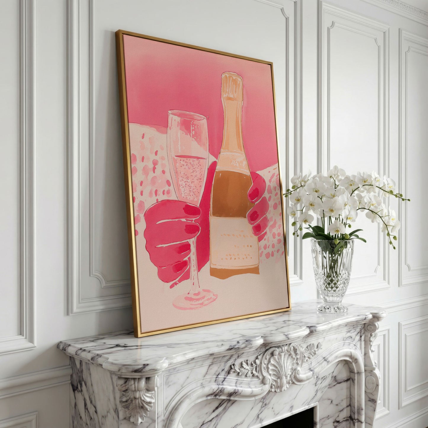 Pink Champagne Glass & Bottle Canvas in yellow gold floating frame