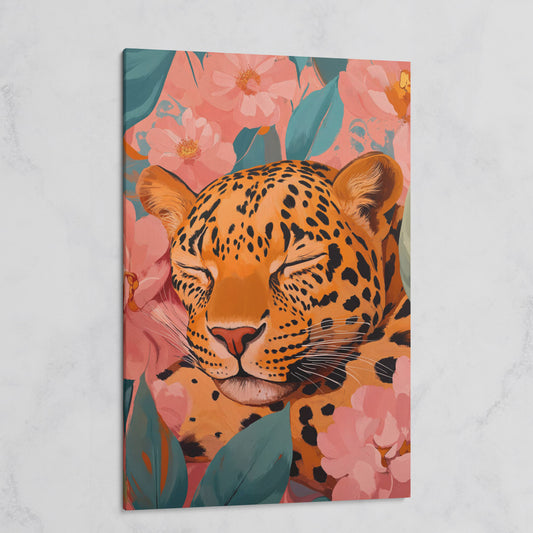 Sleeping Leopard with Coral Florals Canvas Print on gallery wrap