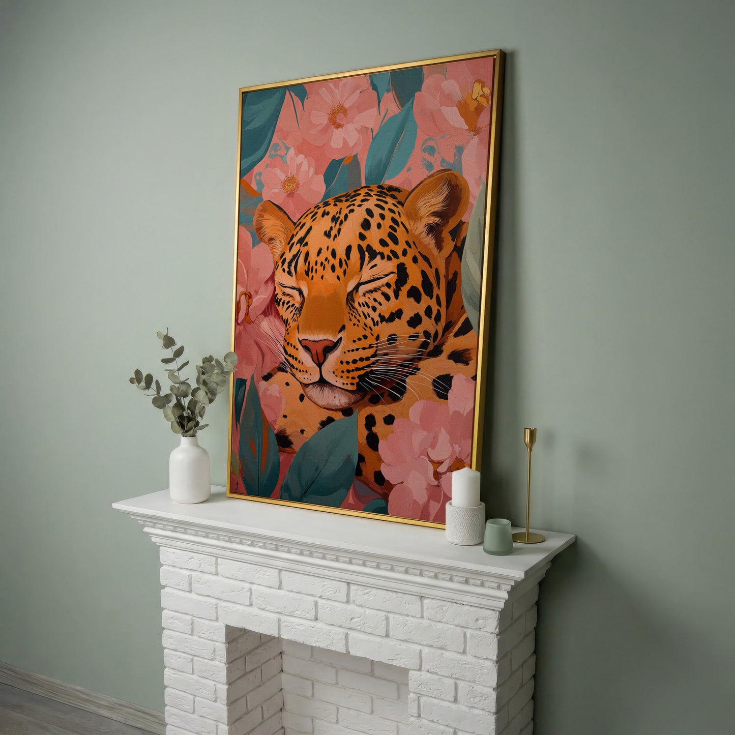 Sleeping Leopard with Coral Florals Canvas Print in yellow gold floating frame