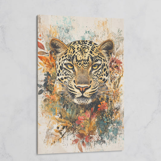 Leopard & Florals Canvas Wall Art in Ochre and Teal on gallery wrap