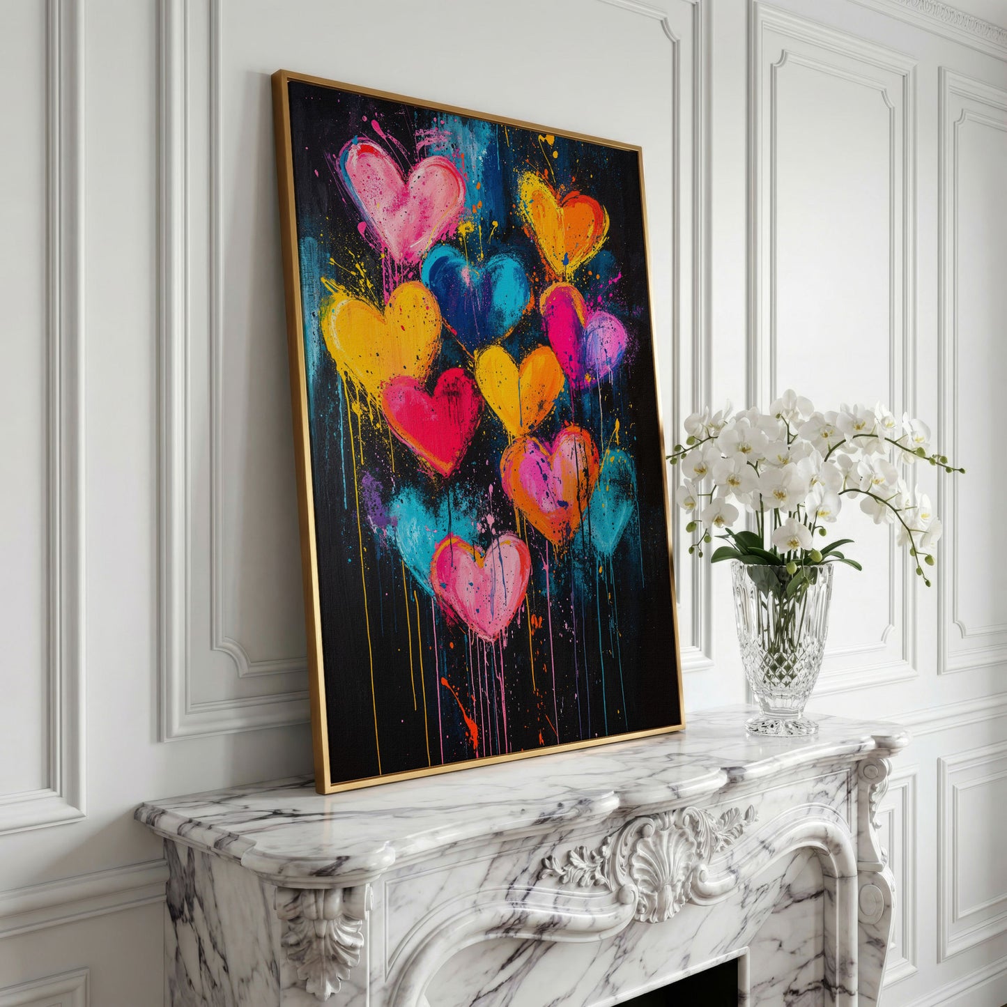 Vibrant Love Abstract Heart Canvas Print in yellow gold floating frame