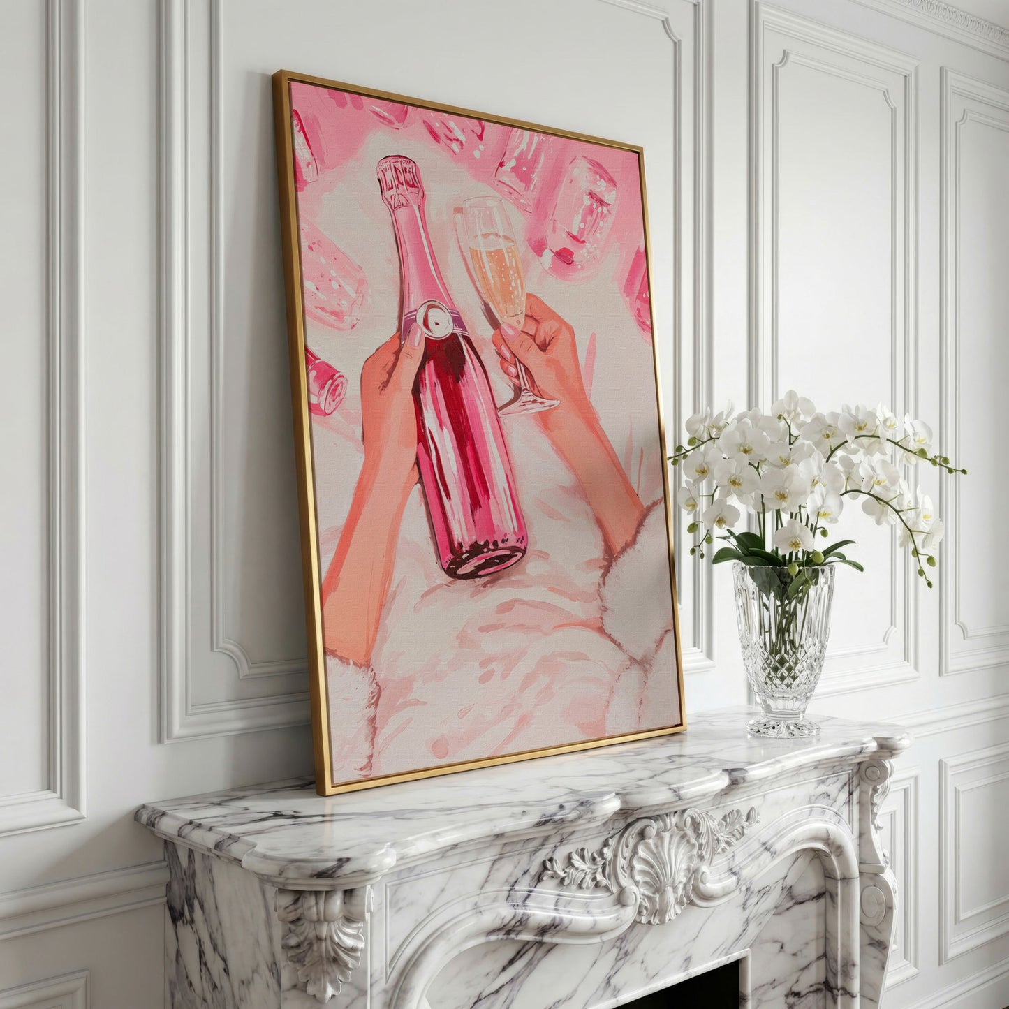 Pink Champagne Bottle Canvas Print for Bar Decor in yellow gold floating frame
