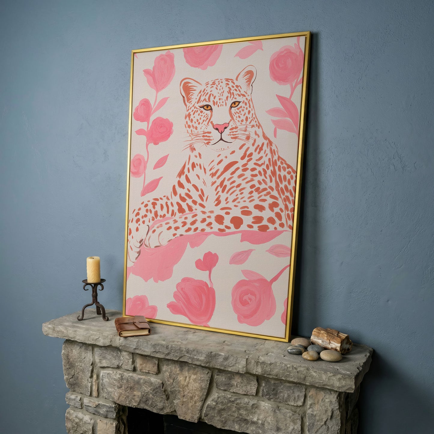 Leopard & Pink Florals Canvas Print in yellow gold floating frame