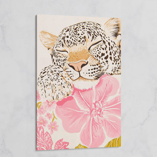 Leopard Resting on Pink Flowers Canvas on gallery wrap