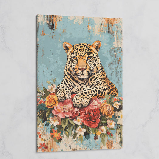 Vibrant Leopard with Floral Accents Canvas Print on gallery wrap