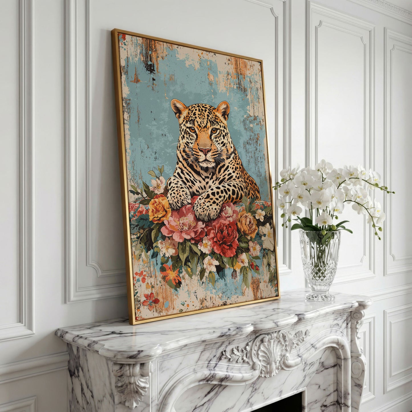 Vibrant Leopard with Floral Accents Canvas Print in yellow gold floating frame