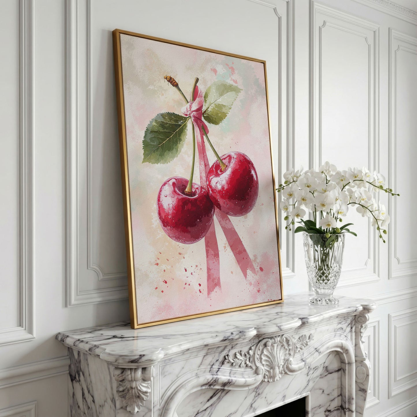 Cherry Still Life with Ribbon Canvas Print in yellow gold floating frame
