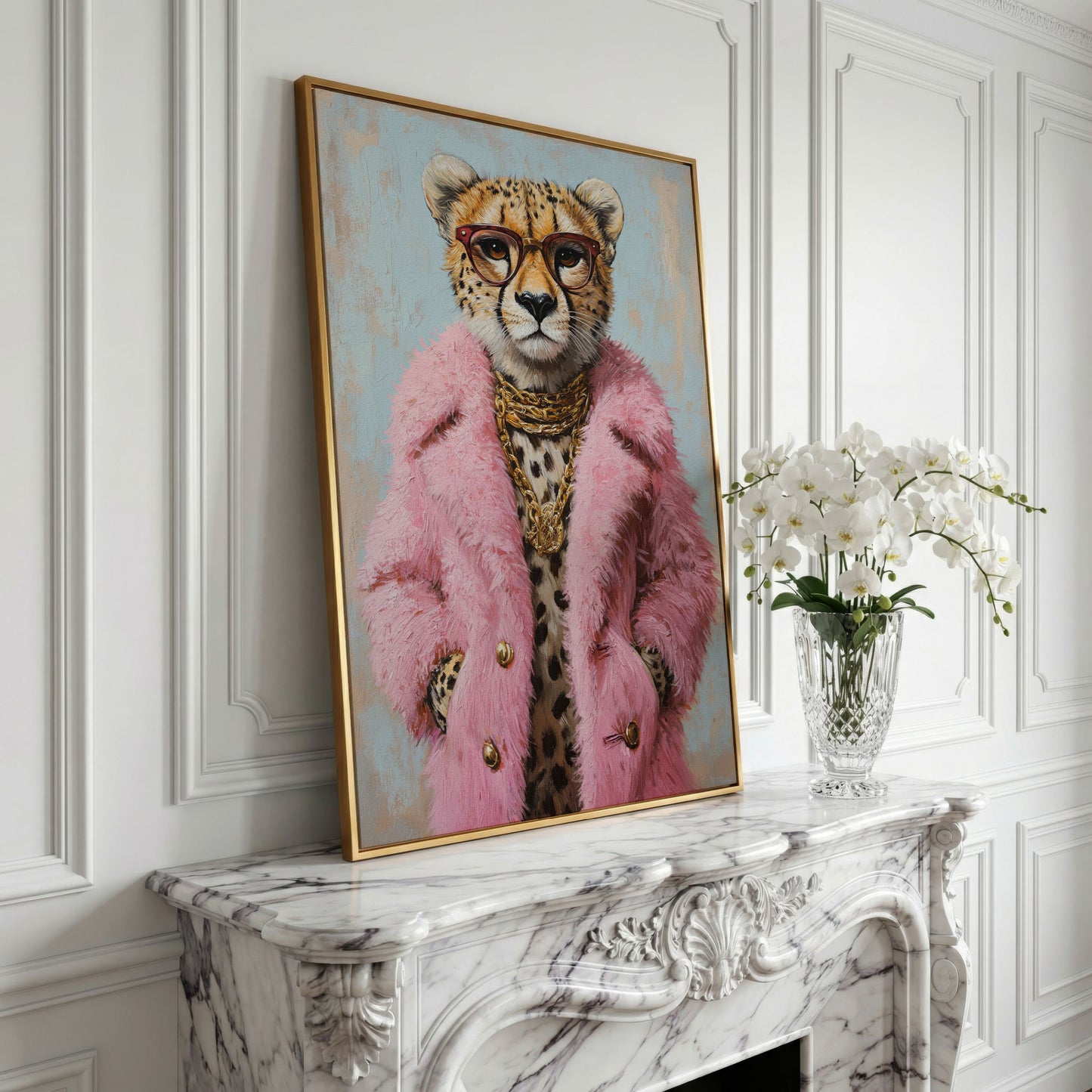 Cheetah in Pink Coat Canvas Print in yellow gold floating frame