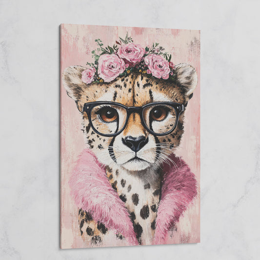 Cheetah with Glasses and Floral Crown Canvas on gallery wrap
