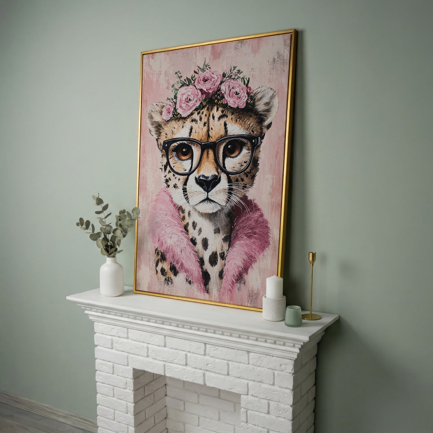 Cheetah with Glasses and Floral Crown Canvas in yellow gold floating frame