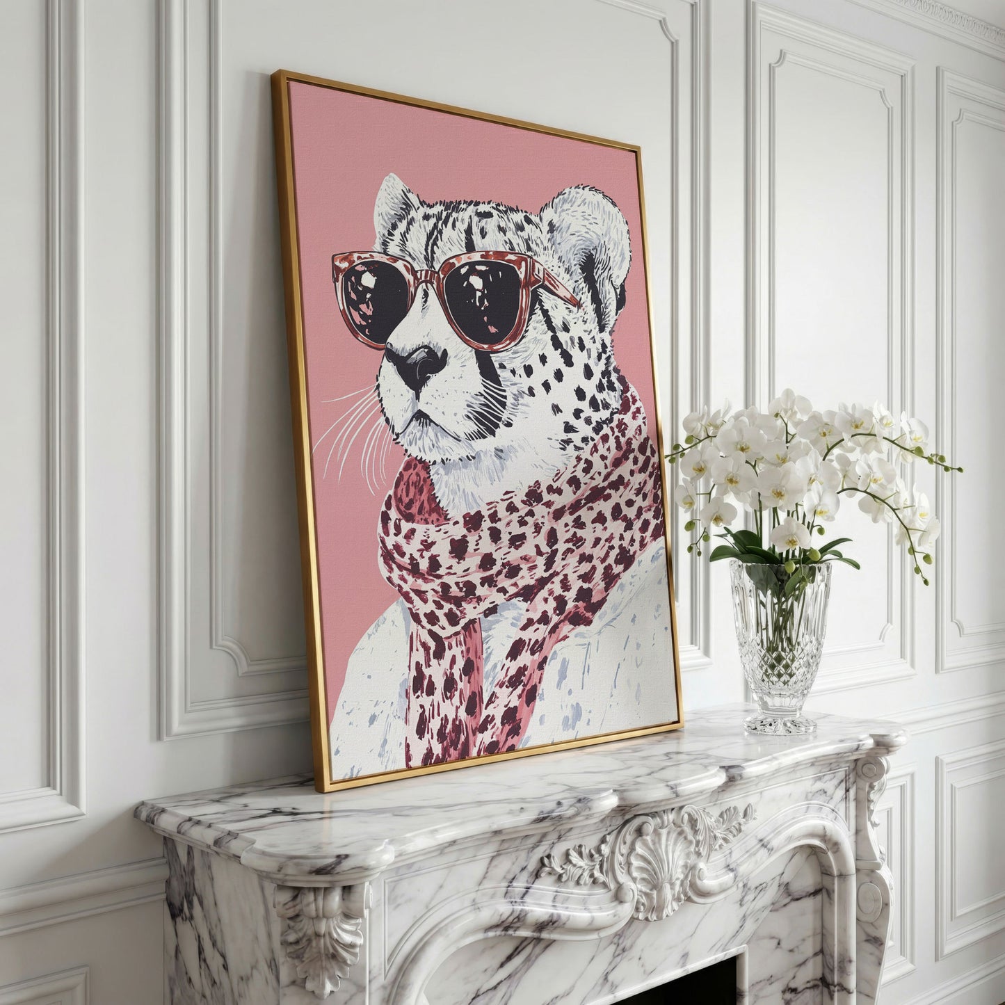 Stylish Cheetah with Sunglasses Canvas Print in yellow gold floating frame