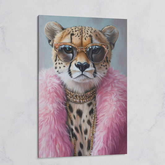 Leopard in Pink Coat Canvas Art on gallery wrap