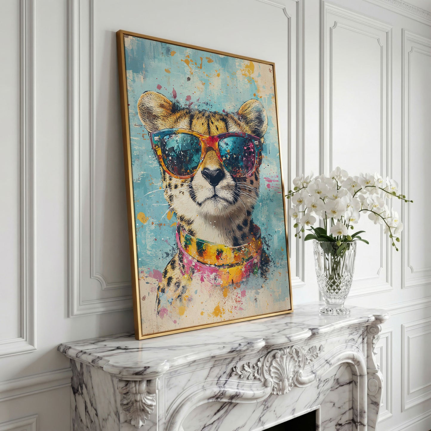 Cheetah in Sunglasses Canvas Print in yellow gold floating frame