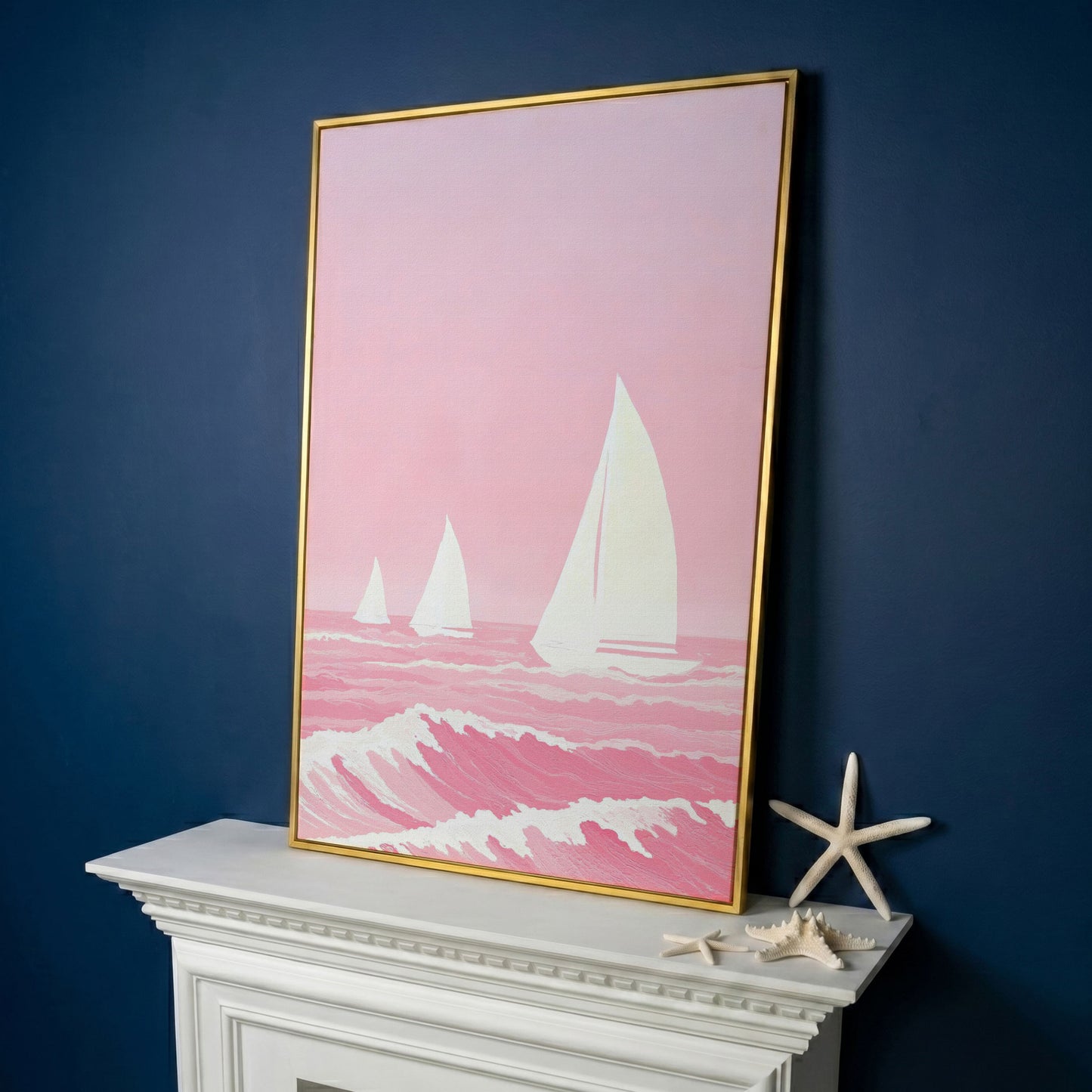 Pink Sailing at Sea Canvas in yellow gold floating frame