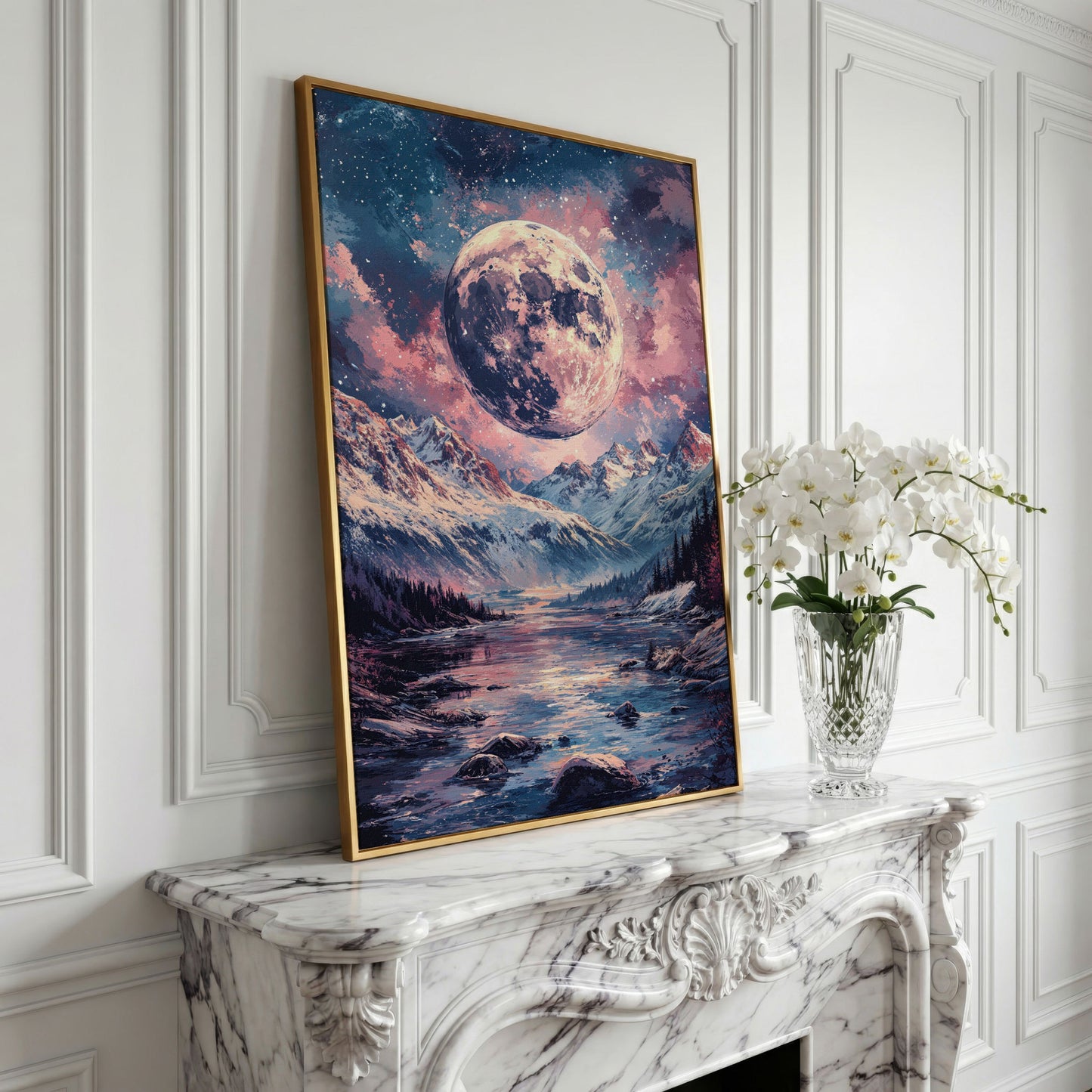 Mystic Mountain Landscape with Moon Canvas in yellow gold floating frame