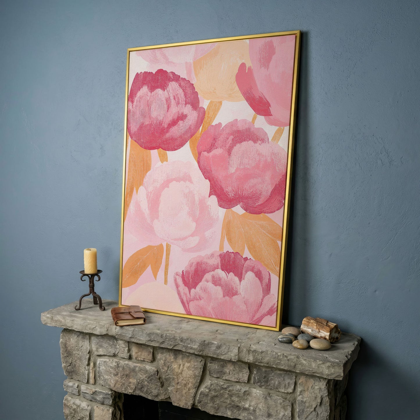 Pink Peonies All-Over Canvas Print in yellow gold floating frame