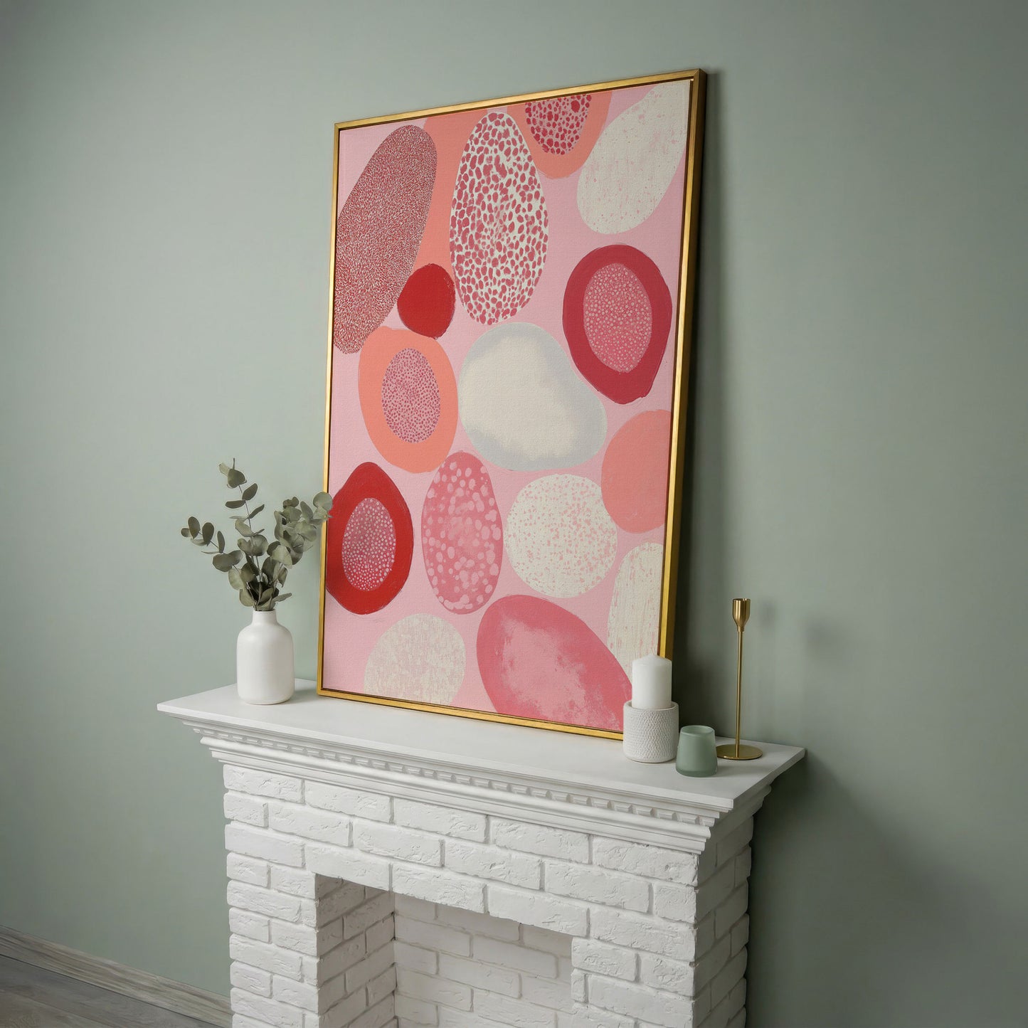 Pink Abstract Pebbles Canvas Print in yellow gold floating frame