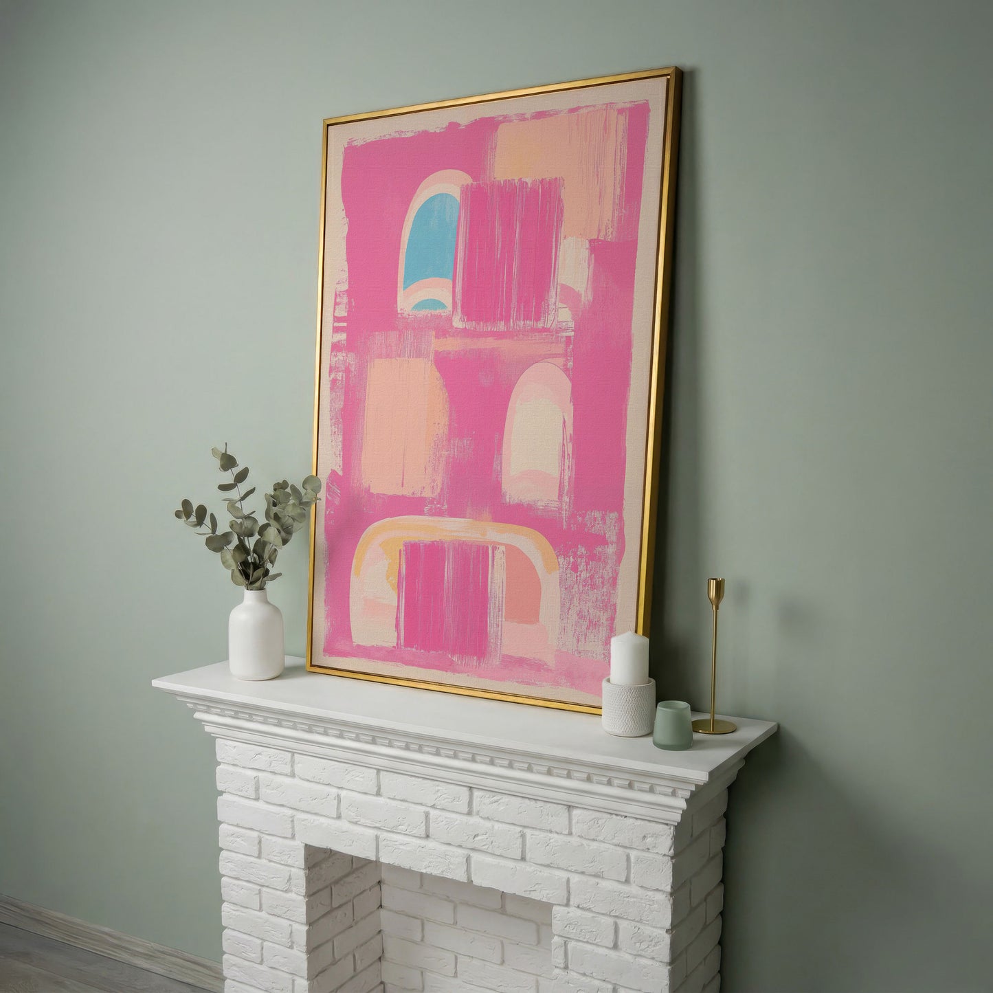 Abstract Pink Arch Canvas with Boho Accents in yellow gold floating frame