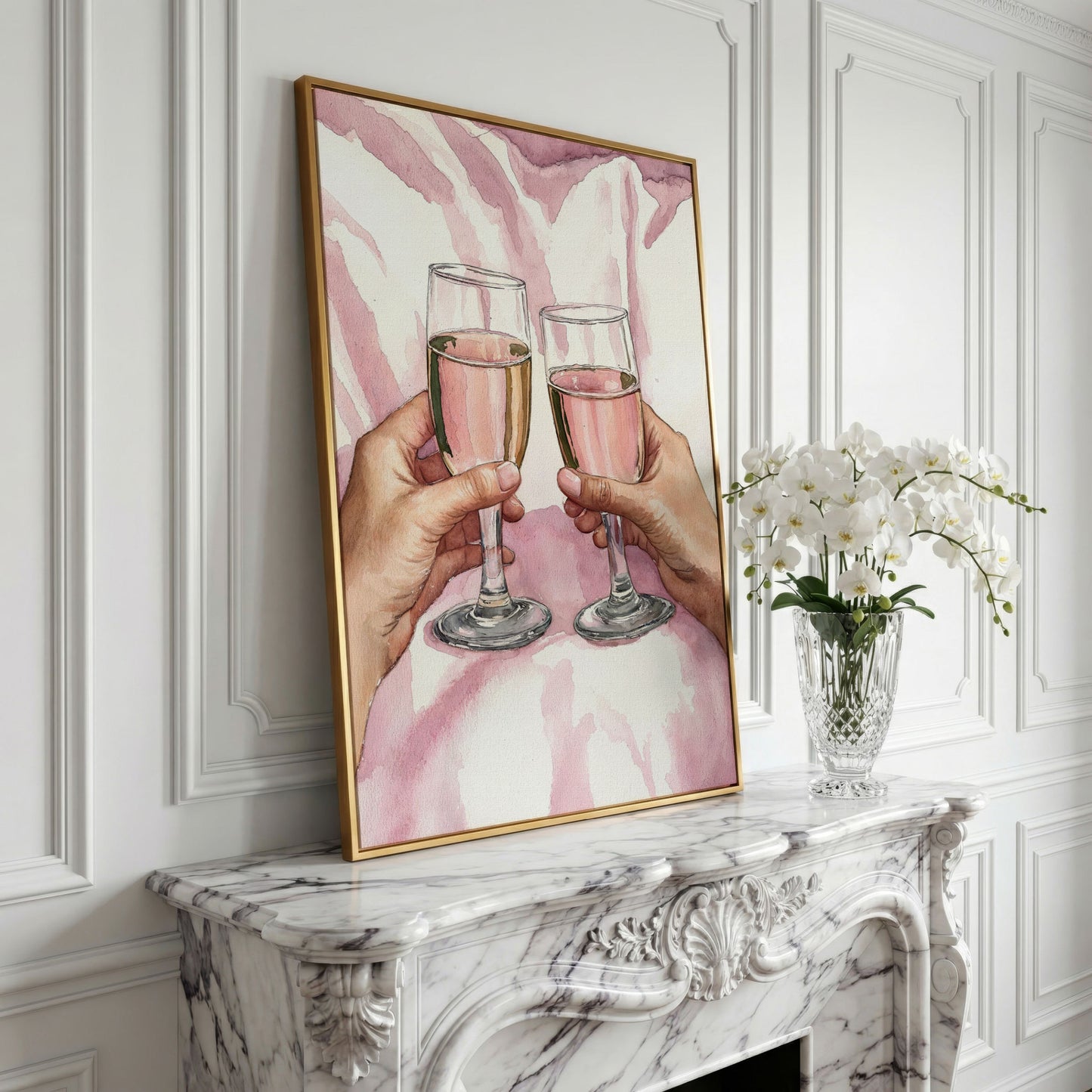 Pink Celebration Wine Glasses Canvas Print in yellow gold floating frame