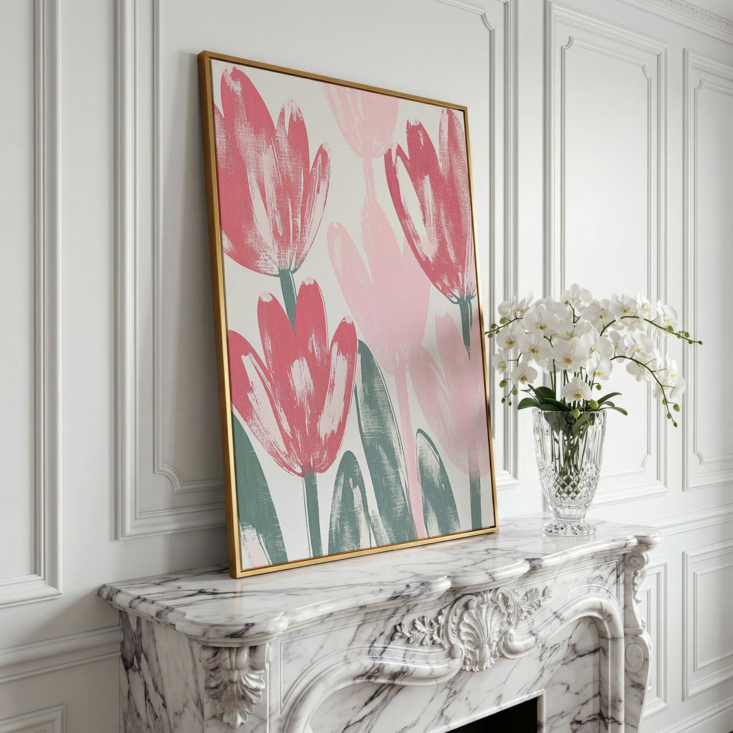 Pink Blossoms Botanical Canvas Print in yellow gold floating frame
