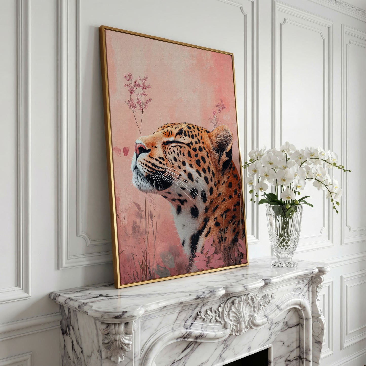 Leopard in Pink Field Canvas Print in yellow gold floating frame