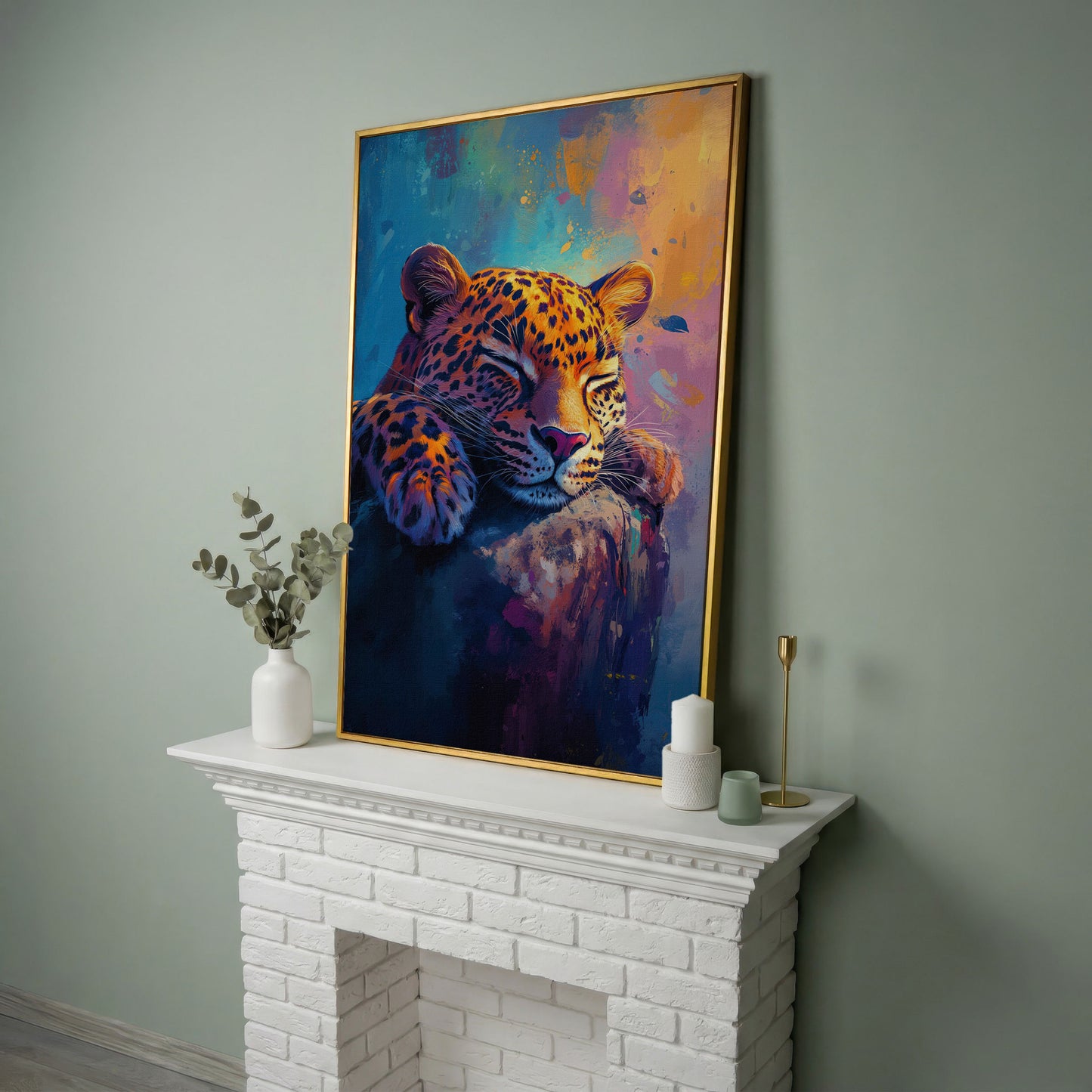 Vivid Leopard Portrait Canvas in yellow gold floating frame