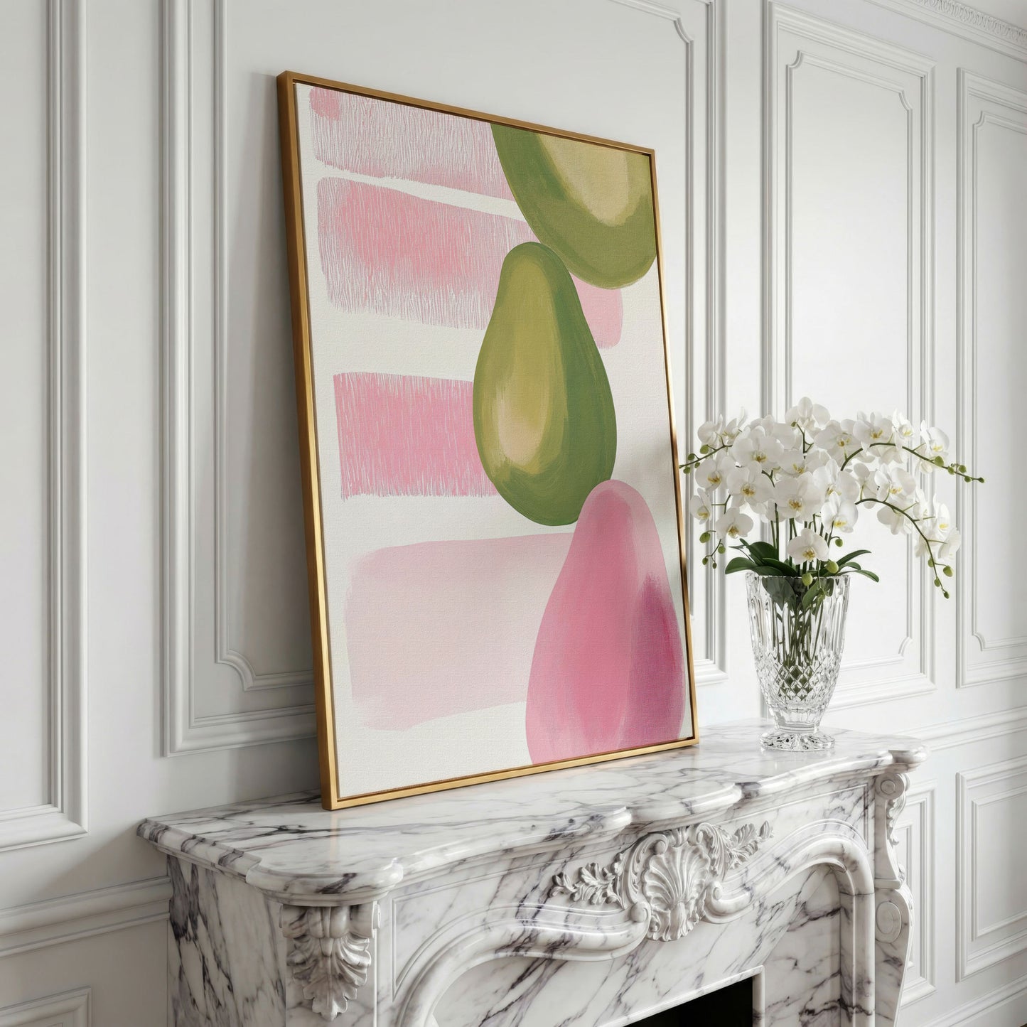 Pink and Green Pears Canvas Print in yellow gold floating frame