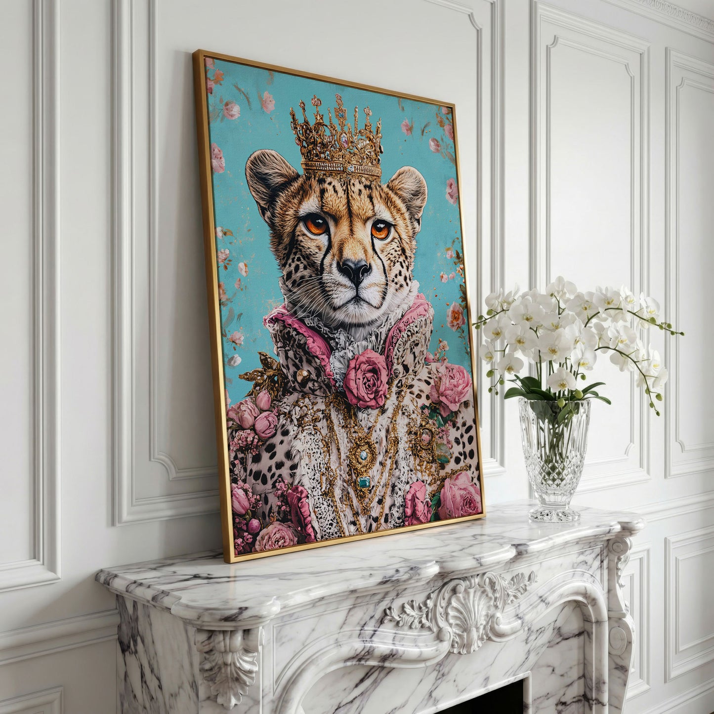Regal Cheetah Portrait Canvas in Pink and Gold in yellow gold floating frame