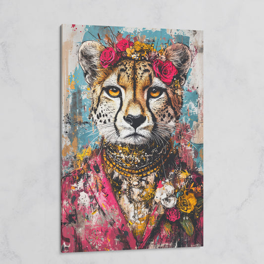 Colorful Abstract Cheetah with Floral Crown Canvas on gallery wrap