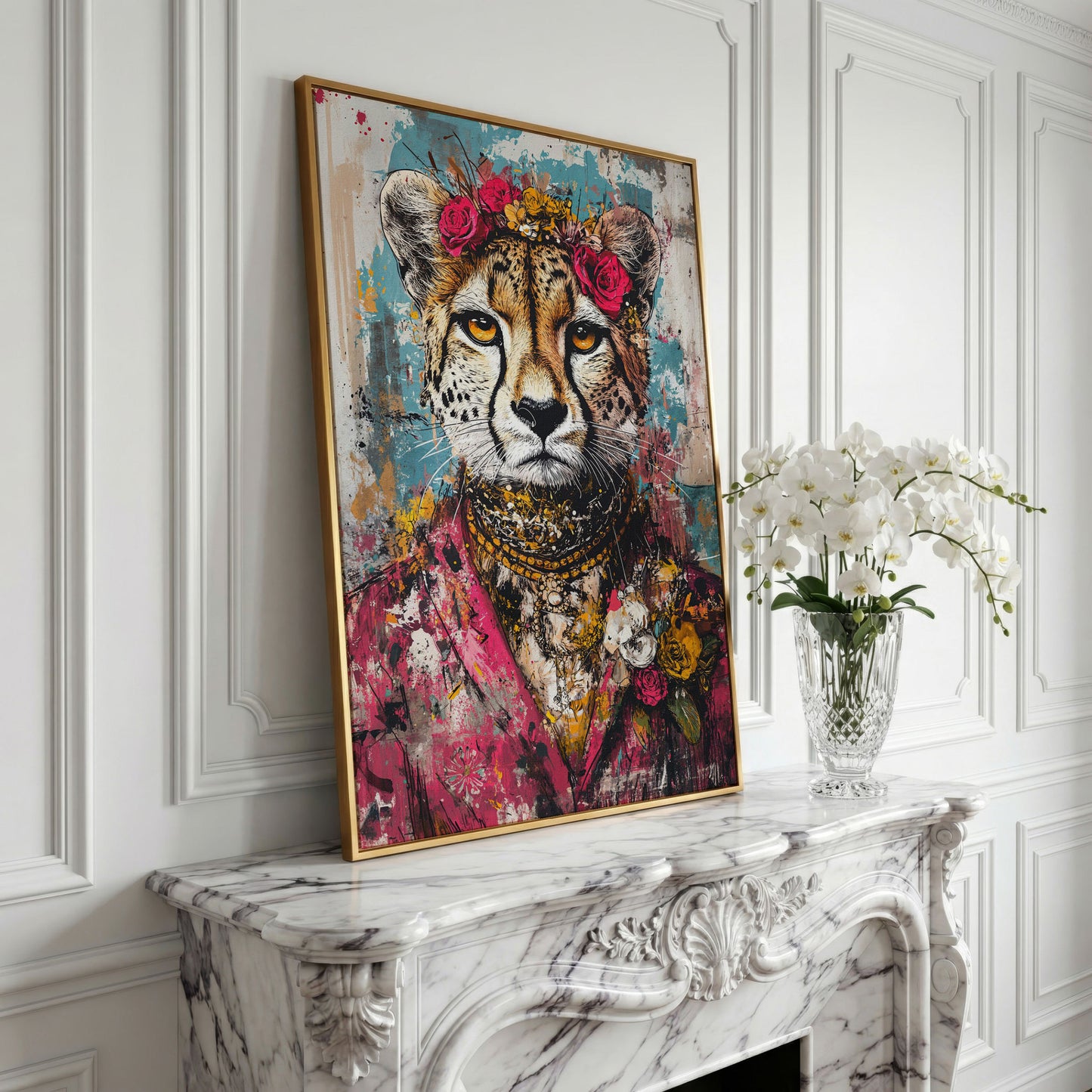 Colorful Abstract Cheetah with Floral Crown Canvas in yellow gold floating frame