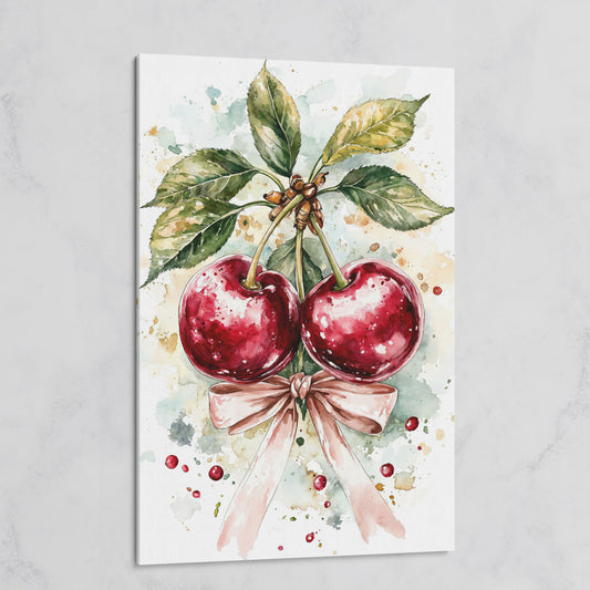 Cherry Watercolor Canvas Print with Pink Bow on gallery wrap