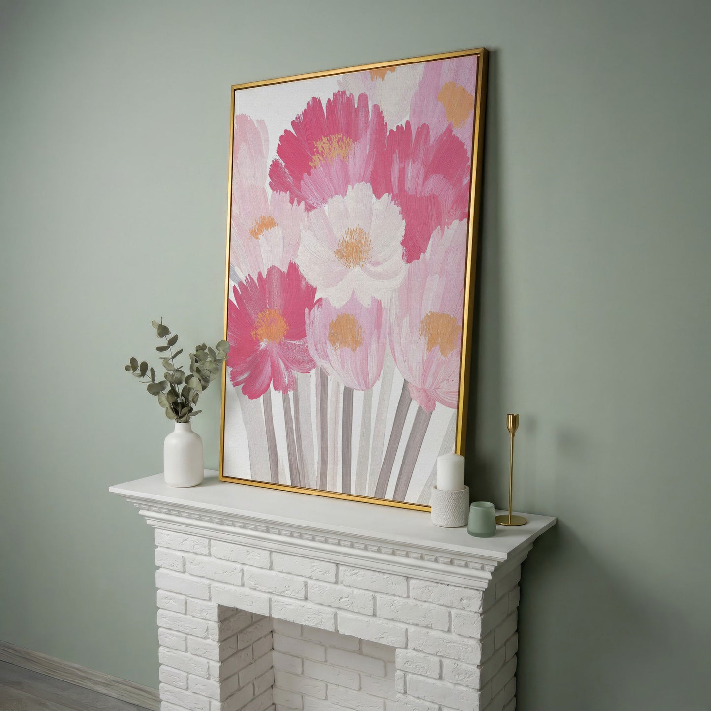 Pink Floral Bouquet Canvas Print in yellow gold floating frame