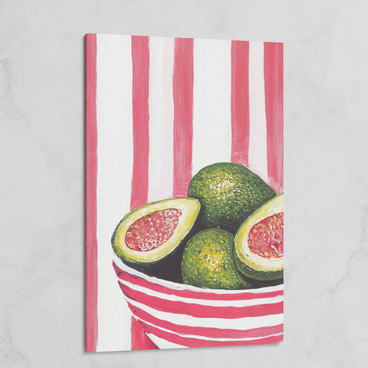 Avocado Still Life with Striped Bowl Canvas Print on gallery wrap