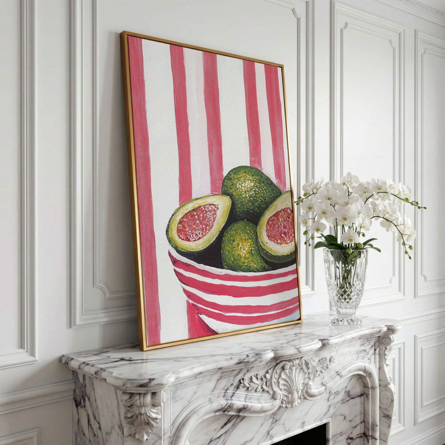 Avocado Still Life with Striped Bowl Canvas Print in yellow gold floating frame