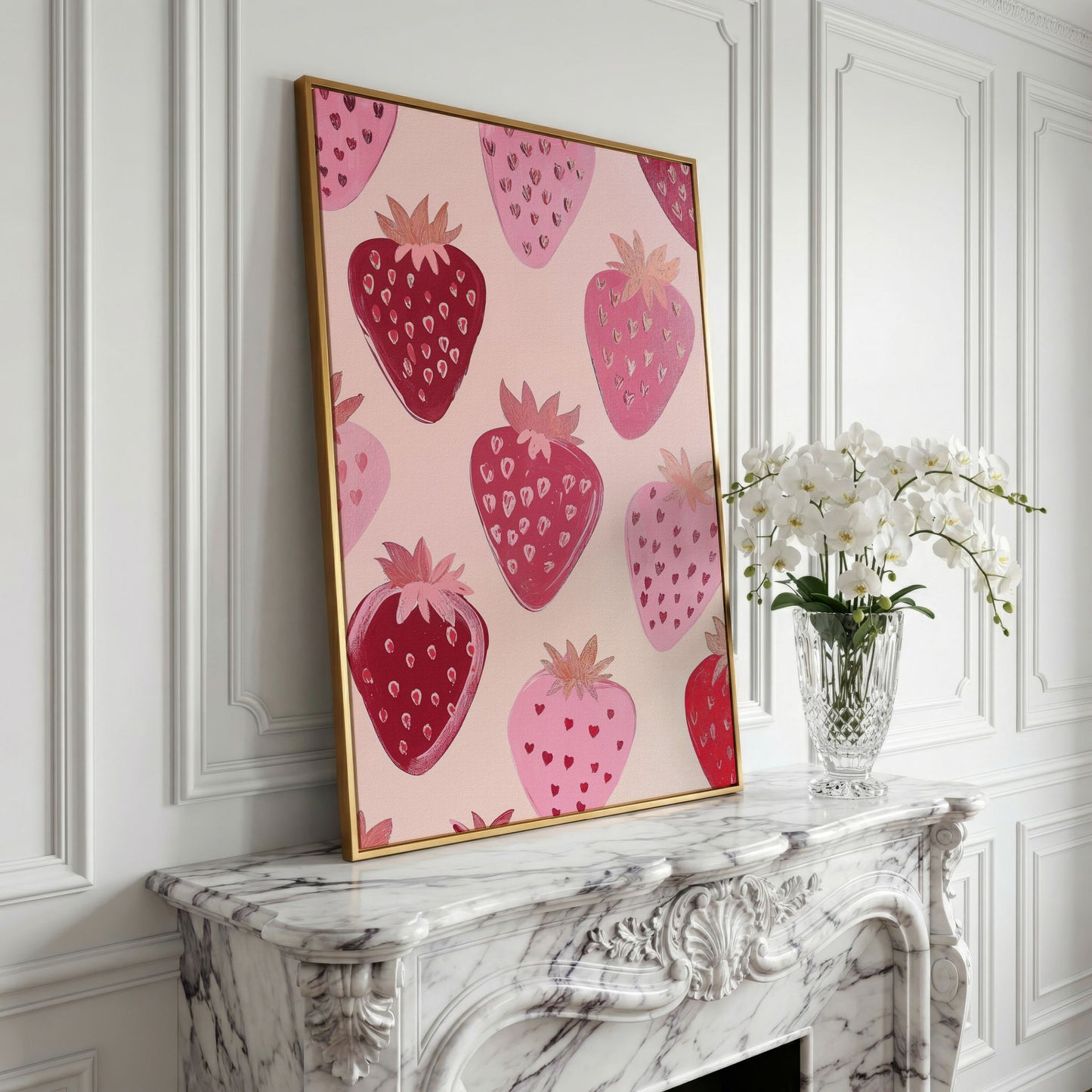 Pink Strawberry Pattern Canvas for Kitchen Walls in yellow gold floating frame