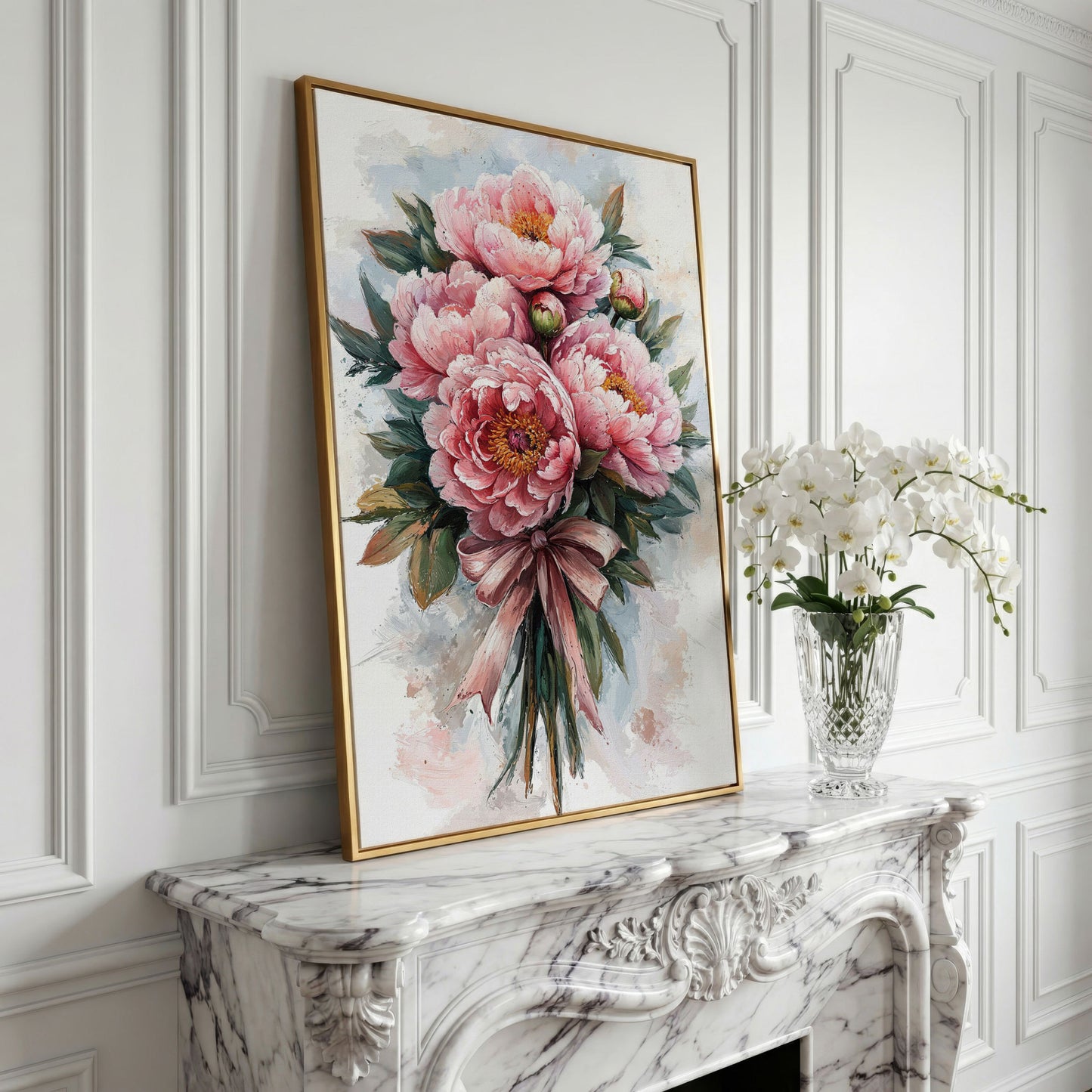 Spring Peony Bouquet Canvas Print in yellow gold floating frame