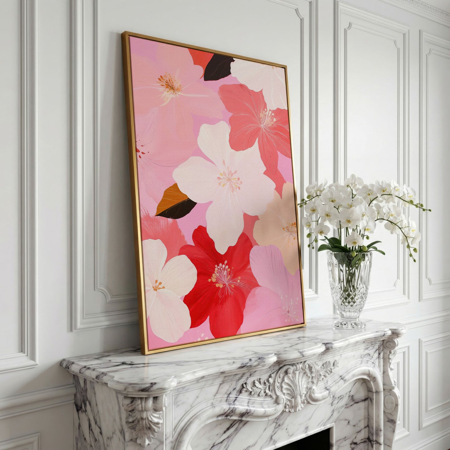 Pink Floral Botanical Canvas Print in yellow gold floating frame