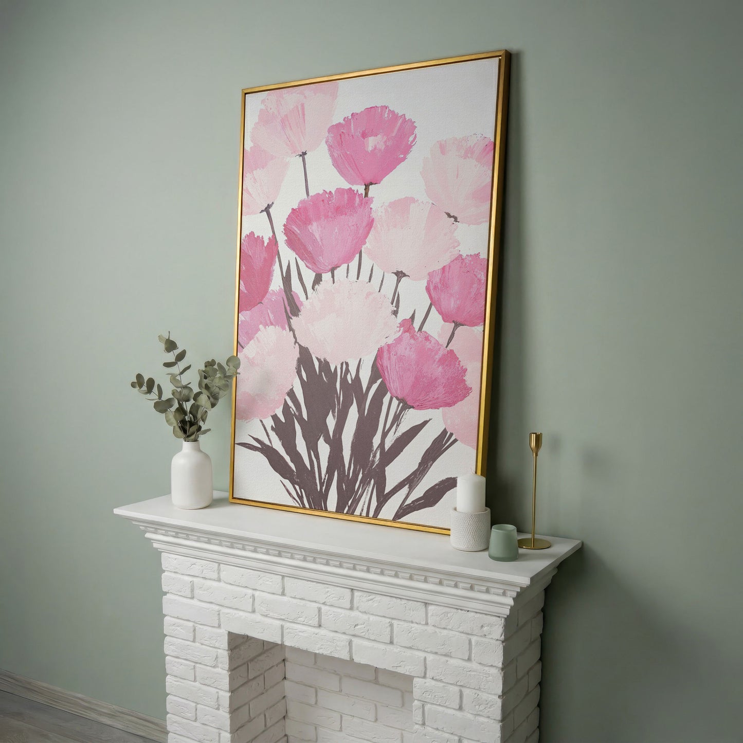 Pink Flower Bouquet Canvas for the Bedroom in yellow gold floating frame