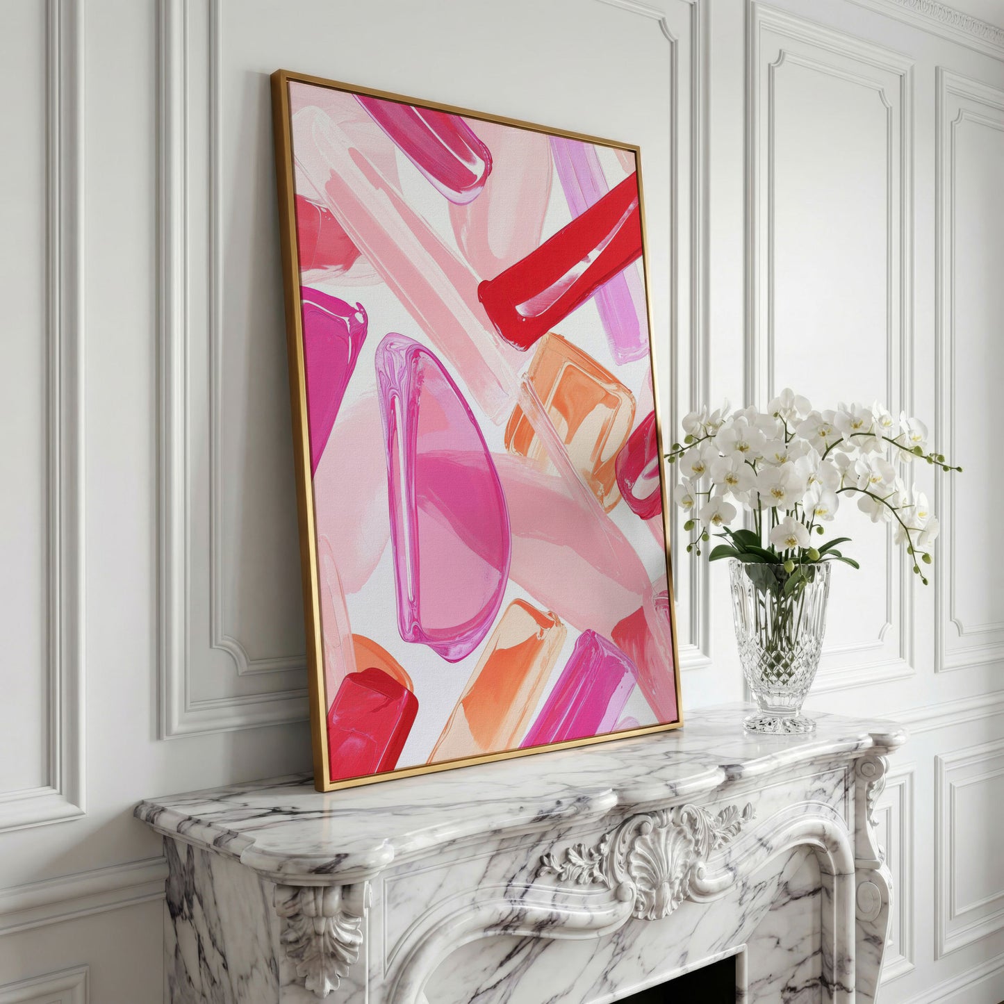 Pink Abstract Brushstrokes Canvas in yellow gold floating frame