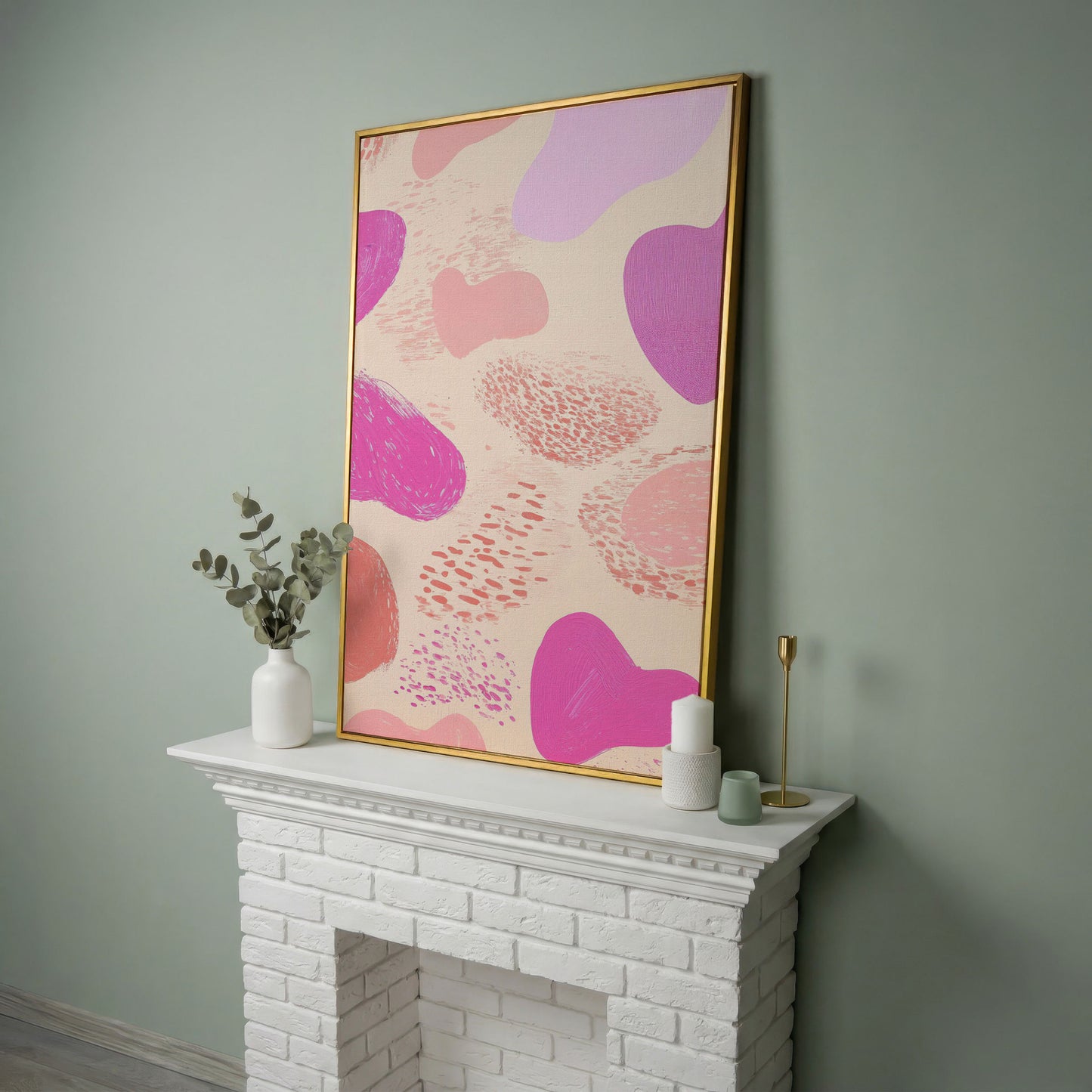 Pink Abstract Canvas Print with Organic Shapes in yellow gold floating frame
