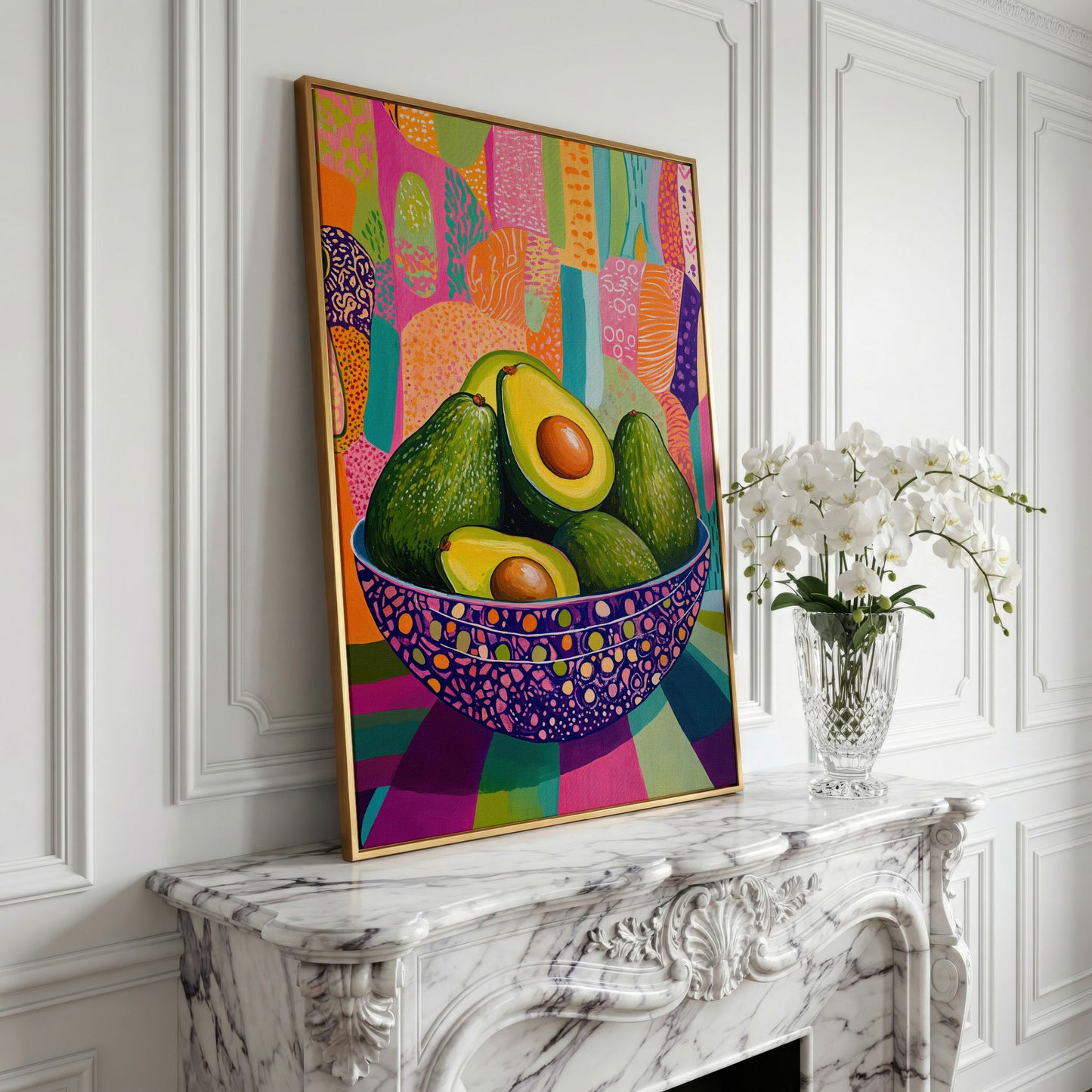 Vibrant Avocado Bowl in Pink Canvas Art in yellow gold floating frame