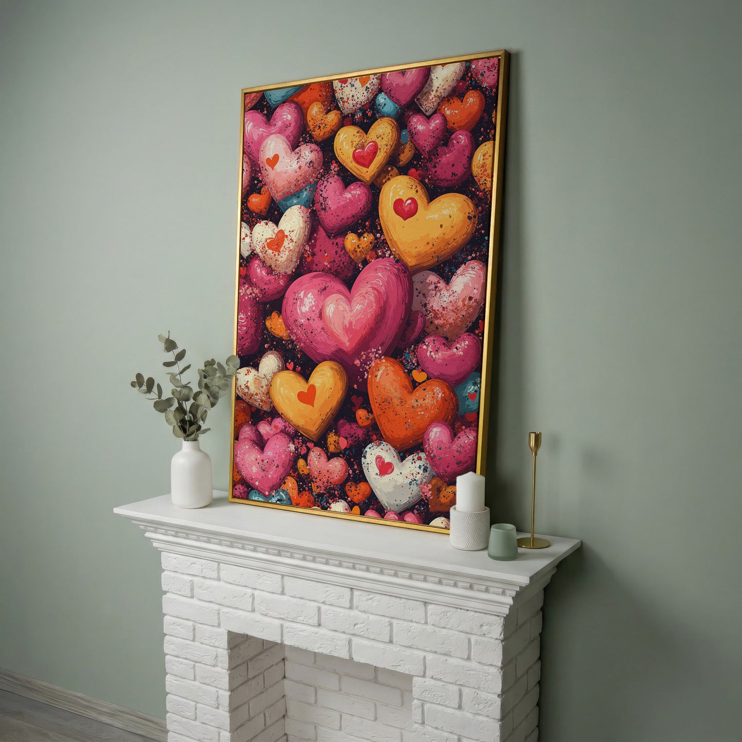 Nested Hearts Canvas in Pink and Orange in yellow gold floating frame