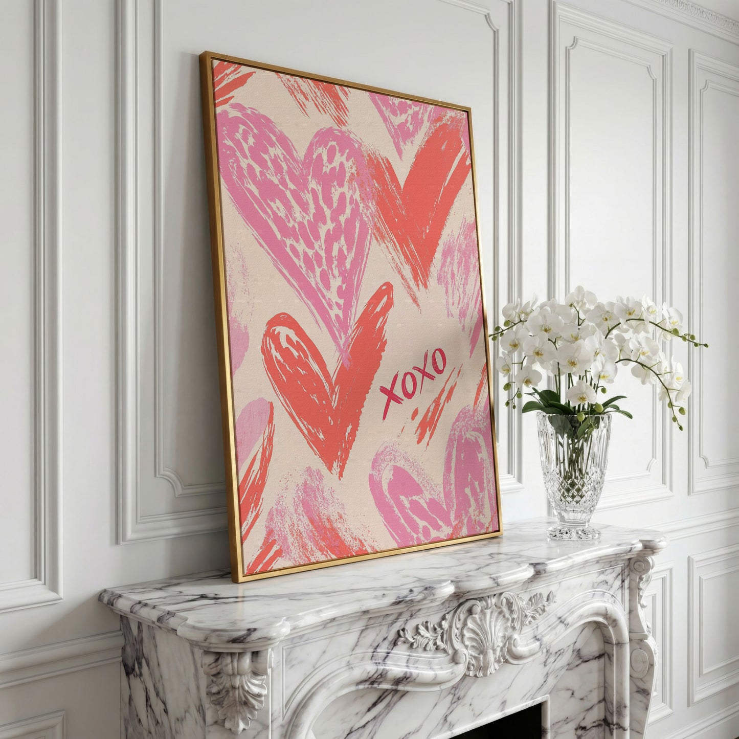 XOXO Pink Heart Canvas Print in yellow gold floating frame