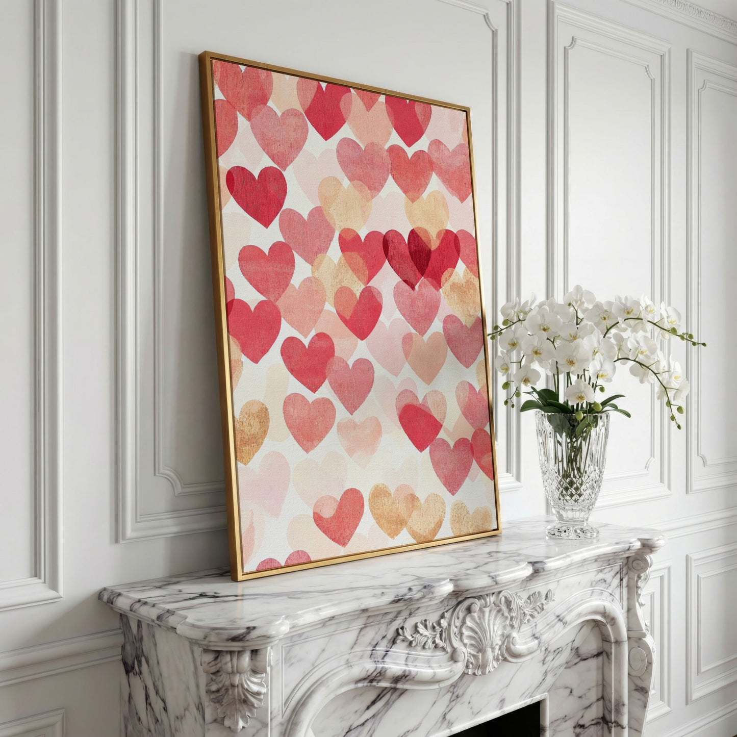 Pink Hearts Canvas Print with Layered Pattern in yellow gold floating frame