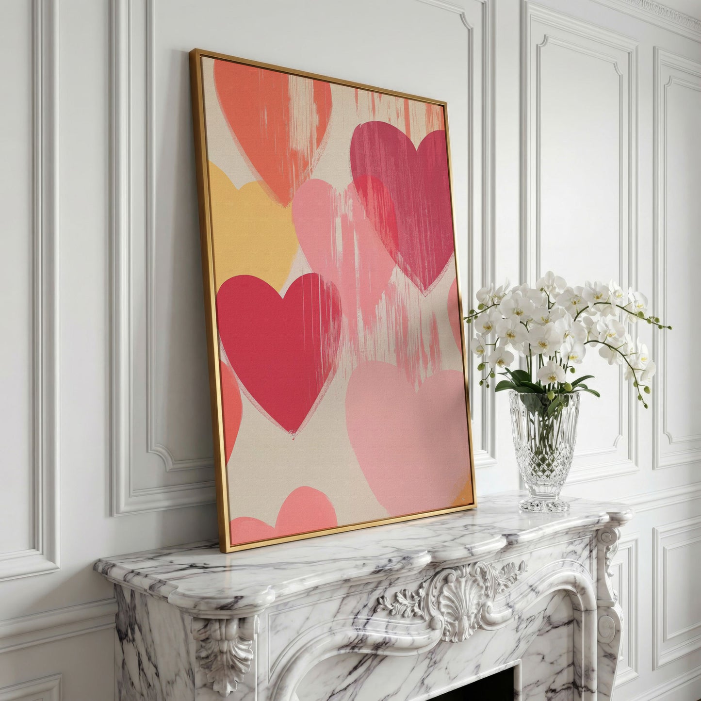 Pastel Hearts Canvas Print in Blush, Salmon & Gold in yellow gold floating frame